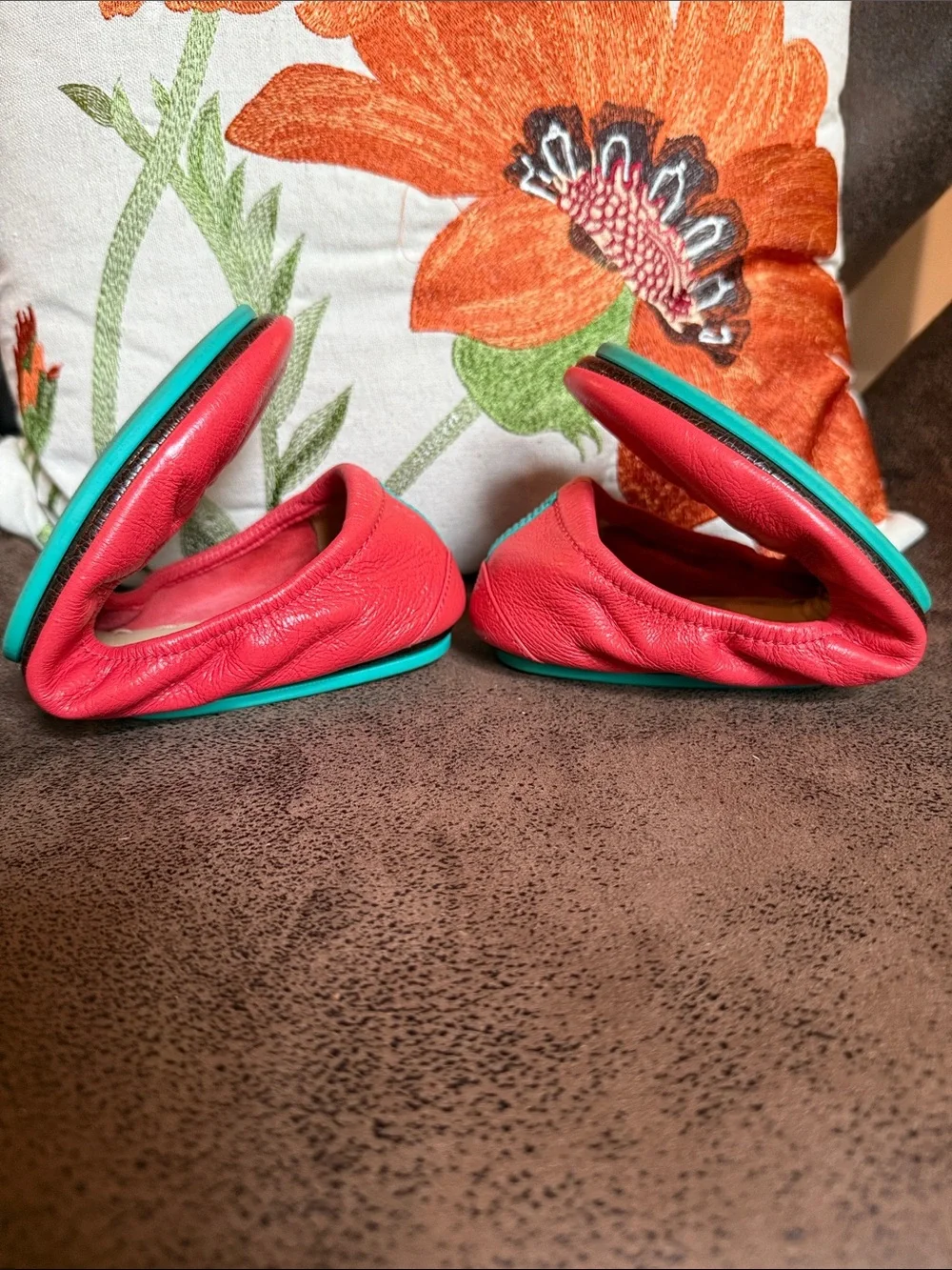 POPPY TIEKS LEATHER BALLET FLATS FOLDABLE VIBRANT RED’ISH ORANGE CORAL SZ 8 EUC